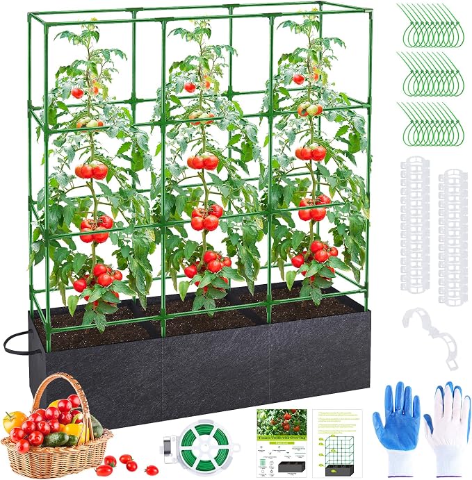 66x17x49 Inch Garden Tomato Cages with 46 Gallon Grow Bags, Square Plant Support Trellis Assembled with Planter Bags, Garden Cucumber Vegetables Frames for Vertical Climbing Plants