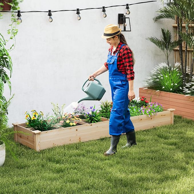 Giantex Wooden Raised Garden Bed with 2 Planter Boxes & Dividers, 90"x25"x10" Raised Bed for Flowers Vegetables Fruits Herbs Gardening Planting, Outdoor Garden Box for Patio Backyard Lawn (1)