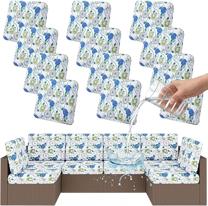 Smiry Waterproof Patio Cushion Covers, Stretch Outdoor Couch Slipcovers Replacement Washable Furniture Protector Sofa Chair Seat Cover for Dogs and Pets (12 Pcs, Light Green)