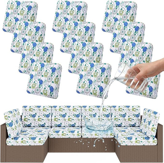 Smiry Waterproof Patio Cushion Covers, Stretch Outdoor Couch Slipcovers Replacement Washable Furniture Protector Sofa Chair Seat Cover for Dogs and Pets (12 Pcs, Light Green)
