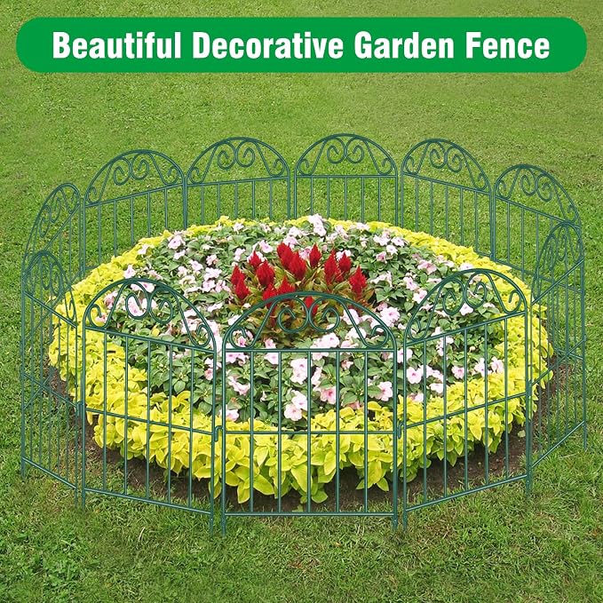 ADAVIN 10 Panels Collapsible Garden Fence Animal Barrier,10 Ft(L) x 24 in(H) Green Rustproof Metal Wire Panel Border for Dogs Rabbits, Flower Edging for Landscape Patio Yard Outdoor Decor, Arched