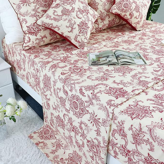 FADFAY Red Floral Bedding Elegant Bed Sheets Set Luxury Bedding Collections 800 Thread Count 100% Egyptian Cotton Deep Pocket Fitted Sheet,4 Piece-Twin XL Size