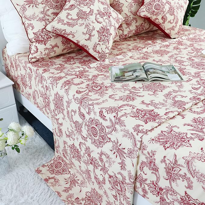FADFAY Red Floral Bedding Elegant Bed Sheets Set Luxury Bedding Collections 800 Thread Count 100% Egyptian Cotton Deep Pocket Fitted Sheet,4 Piece-Full Size