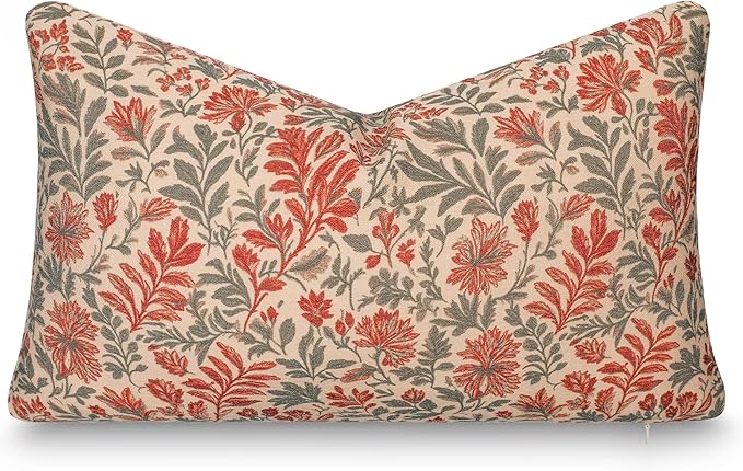 Crumbs Home Modern Farmhouse California Casual Indoor Outdoor Lumbar Pillow Cover, 12"x20" Water Repellent for Patio, Backyard, Couch, Poolside, Rust Orange Print Sketch Botanical Flowers and Leaves