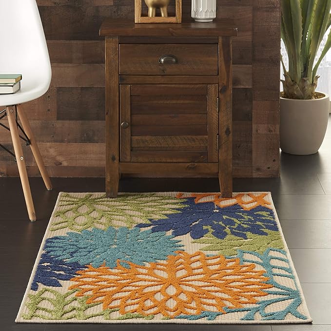 Nourison Home Aloha Indoor/Outdoor Multicolor 2'8" x 4' Area Rug, Tropical, Botanical, Easy Clean, Non Shedding, Bed Room, Living Room, Dining Room, Deck, Backyard, Patio (3x4)