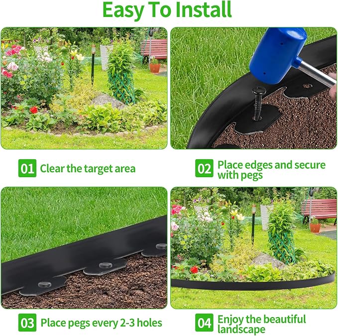 Landscape Edging Borders 33FT Extra Tall 4IN Outdoor Edging Borders Plastic Flexible with 30pcs Stakes,Mini Plastic Fence for Landscaping Yard Flowerbeds,Grass-Black