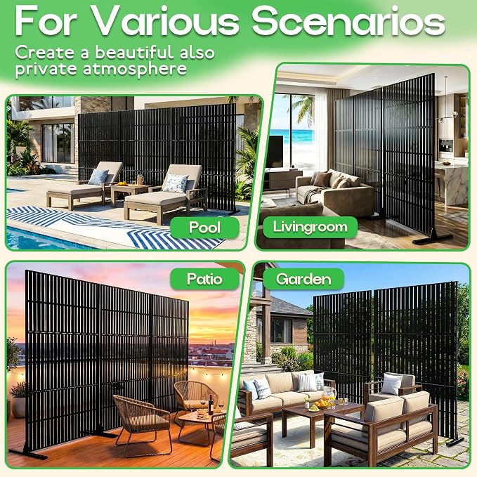 MTART Metal Privacy Screen 72" H x 47.2" Decorative Outdoor Privacy Screen Privacy Panel with Stand for Balcony Deck Patio Lawn Garden, Privacy Fence (Black-Vertical)