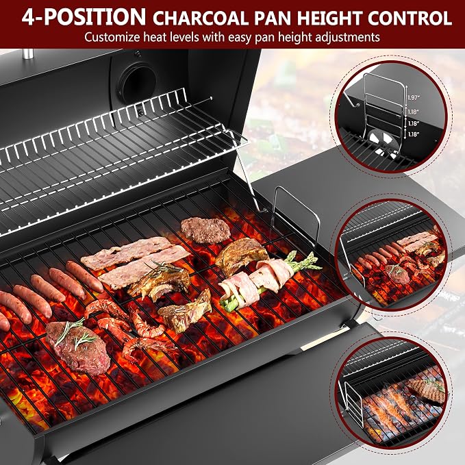 Barrel Charcoal Grill, 554 Sq.In Large BBQ Grill & Smoker with Warming Rack, 4-Position Charcoal Pan, Thermometer, Side & Front Tables, Wheels for Outdoor Backyard Patio