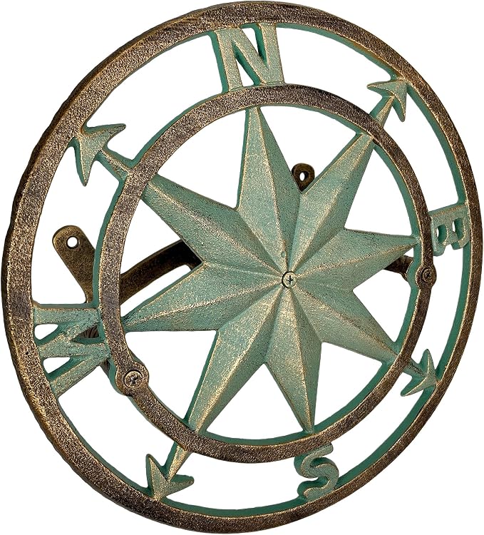 Verdigris Green Finish Cast Iron Nautical Compass Rose Wall Mounted Decorative Hanging Garden Hose Hanger - Hose Holder Organizer for Outdoor Spaces - 12 Inches in Diameter