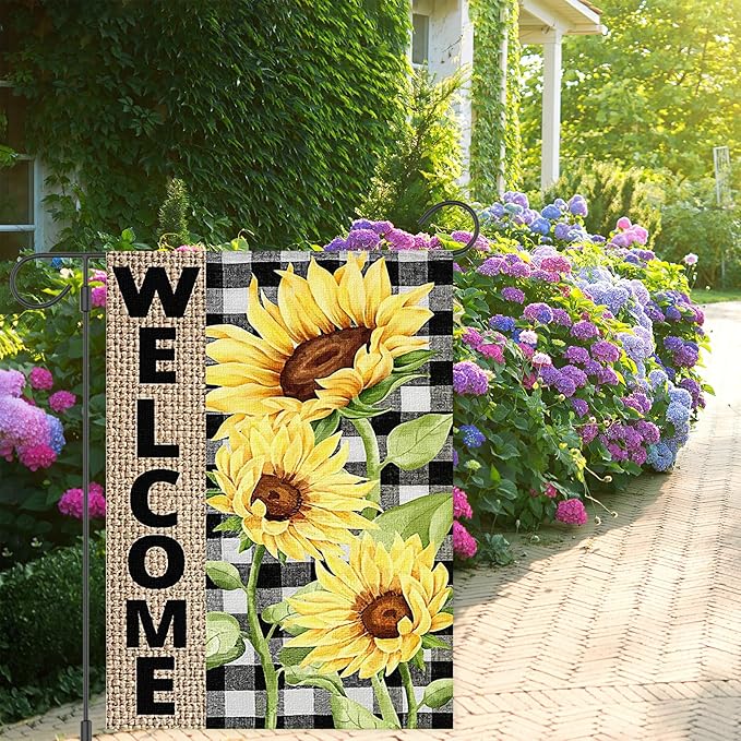 Summer Sunflower Garden Flag 12x18 inch Double Sided Welcome Burlap House Flag, Small Outdoor Yard Flag for Garden Porch Farmhouse Decor