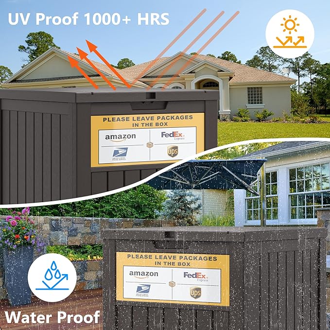 LHBGO Package Delivery Box for Outside, with Delivery Sign 48 Gallon Storage with Lockable Secure, Large Resin Outdoor Package Drop Container