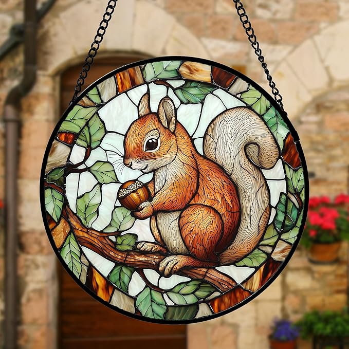 DASTOLL Stained Glass Window Hanging, Squirrel on a Branch Suncatcher Diamond Glass Panel Animal Sun Catchers Decor for Birthday for Women, Men, Wife, Aunt, and Mom 11.8x11.8 in