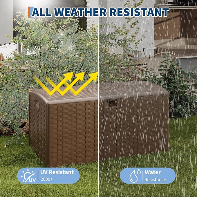 Garvee 100gal Outdoor Storage Box, Lockable Plastic Deck Box with Lid, Waterproof & UV-Resistant Storage Bin for Patio Cushions, Garden Tools & Pool Accessories, Brown