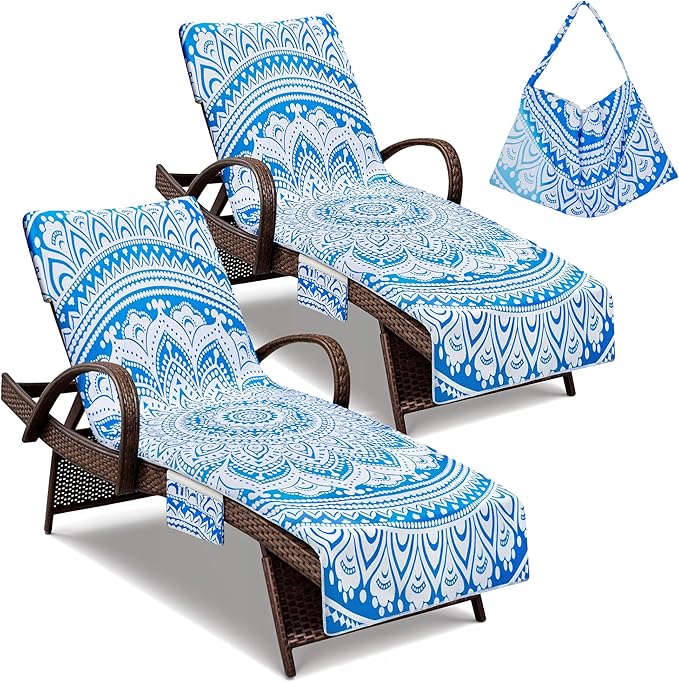 Lounge Chair Towel Covers, 2 Pack Outdoor Chaise Lounge Slipcover, 83" X 29" Bohemia Style Microfiber Beach Chair Cover, Soft Absorbent Chaise Cover with Pockets for Pool Garden Patio