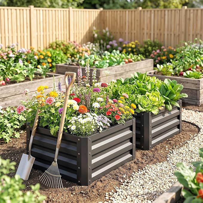 Outsunny 2 Piece Galvanized Raised Garden Bed, 2' x 2' x 1' Metal Planter Box for Growing Vegetables, Flowers, Herbs, Succulents, Dark Gray