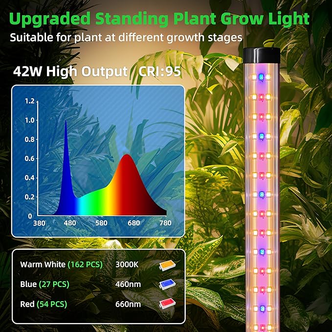 Standing Grow Light for Indoor Plants with Timer,42W Full Spectrum Vertical Grow Lights for Indoor Plants,4FT T8 243LED Plant Lights for Indoor Growing with On/Off Timer Function, 2 Pack