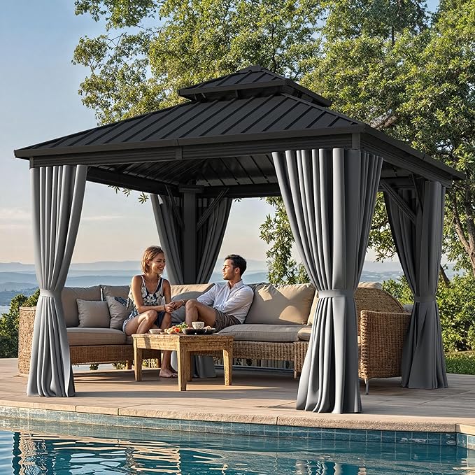 YITAHOME 10X10FT Hard Top Gazebo Patios Outdoor Double Roof Canopy Aluminum Frame Garden Gazebo with Curtains Netting for Backyards Decks Lawns, Gray