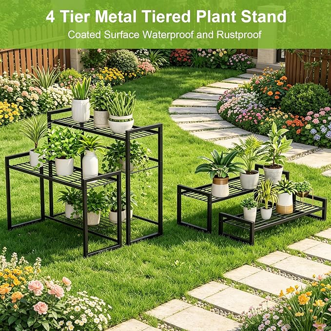 VyGrow Plant Stand, 4 Tier Widened Stackable Tiered Plant Stand, Upgraded Scalable Heavy Duty Tall Plant Shelf for Indoor Outdoor, Garden, Display Shelves, Flower Pot Holder, Black
