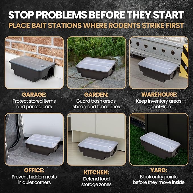 Lockable Rat & Mouse Bait Stations (4-Pack) – Secure Bait Box with Clear Lid & Dual-Entry Design – Weather-Resistant, Reusable (Bait Not Included)