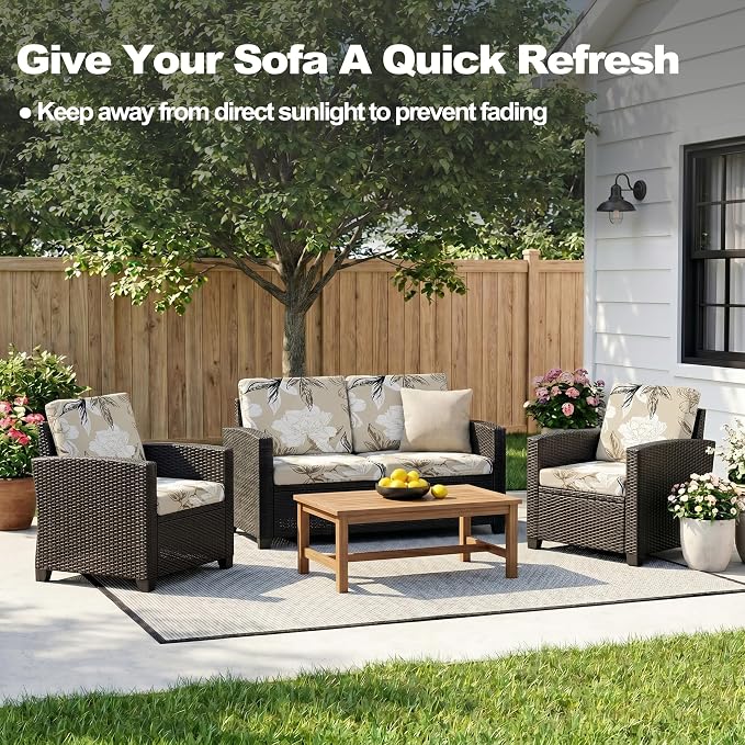 CALBODE 8Pcs Outdoor Stretch Cushion Covers,Waterproof Outdoor Chair Floral Cushion Covers for Patio Furniture, Washable Beige Couch Covers Replacement for Patio Furniture