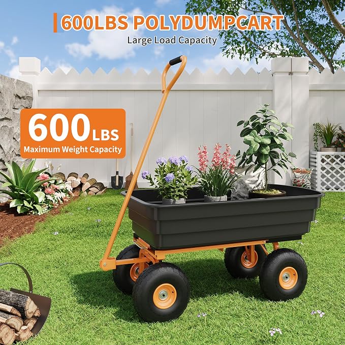 Heavy Duty Garden Dump Cart with 600 Lbs Capacity – 4 Cu.Ft Yard Utility Wagon with 10" All-Terrain Tires, 180° Adjustable Handle & Quick-Release Tipping for Soils, Plants & Tools, Black