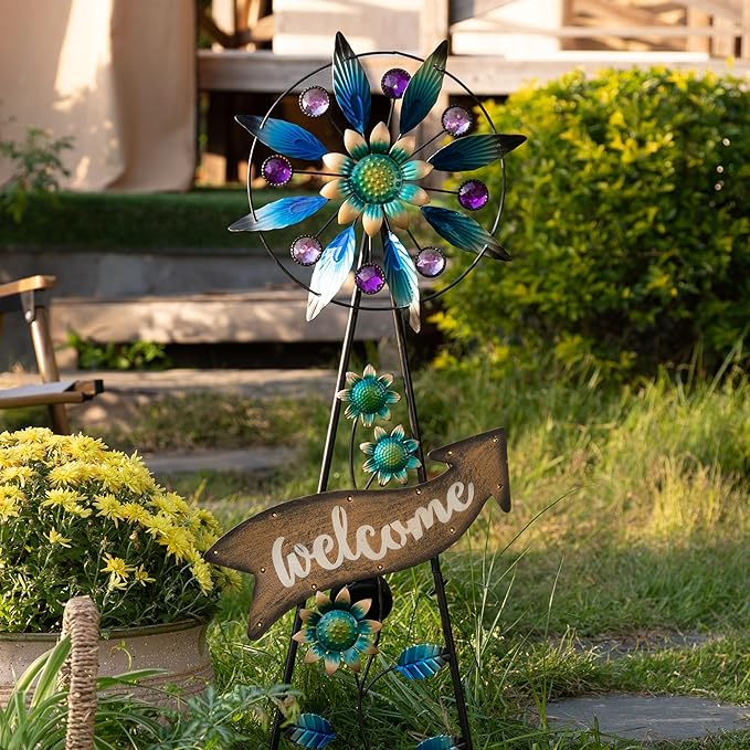TERESA'S COLLECTIONS Garden Decor Solar Stake, Wind Spinner for Outdoor Decorations, Metal Windmill Blue Floral Yard Art Sign Decorative Garden Stake for Lawn Ornaments, Gifts for Mom, 26''