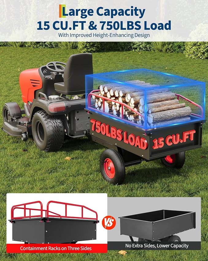 750 LBS Heavy‑Duty Dump Cart, 13.5 Cu.ft Steel Lawn Mower Trailer & Garden Trailer, Quick‑Release Dumping ATV Dump Trailer & Garden Utility Cart for Yard Work, Landscaping, Farm & Lawn Mower Towing