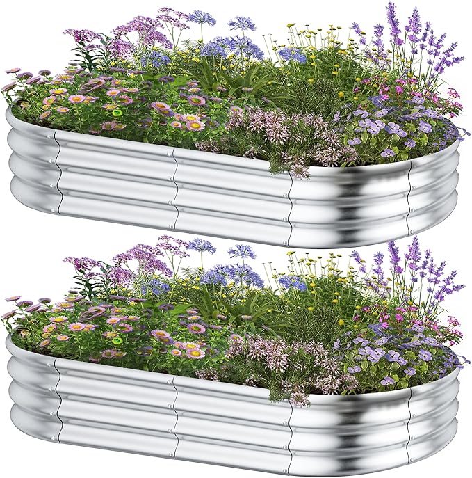 HOOPLE 2 Pack Raised Garden Bed 6x3x1FT, Galvanized Metal Raised Garden Bed Outdoor, Oval Design with Open Base for Better Drainage, Easy Gardening for Vegetables, Flowers & Herbs
