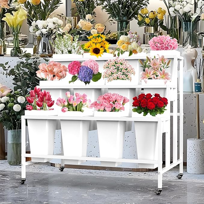VGMiu Flower Display Stand with 12 Buckets, Flower Cart 3 Layers White Metal Flower Bar Stand with Wheels, Moving Florist Bouquet Shelf for Weddings Florist Indoor Outdoor Patio Garden Living Room