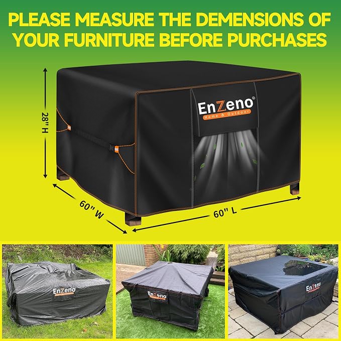 Enzeno Patio Furniture Set Cover Waterproof, Square Outdoor Table and Chair Set Covers, Heavy Duty Outside Weatherproof Garden Rattan Set Covers for Protection 60" L x 60" W x 28" H Black