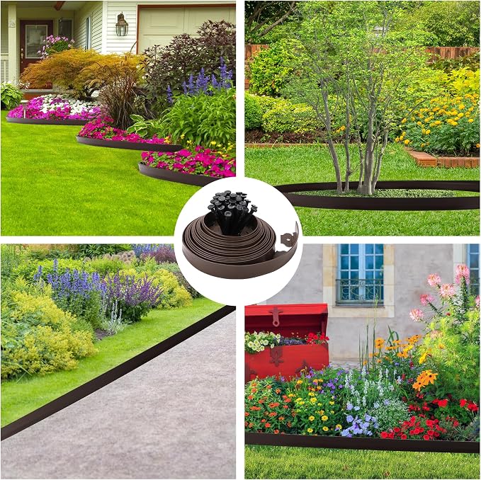 Landscape Edging Kit Flexible Lawn Edging, Landscape Edging Border 66 FT with 60 Spikes, 2" Tall No Dig Garden Edging Roll for Landscaping Flower Beds Yard Pathway (2IN x 66FT, Brown)