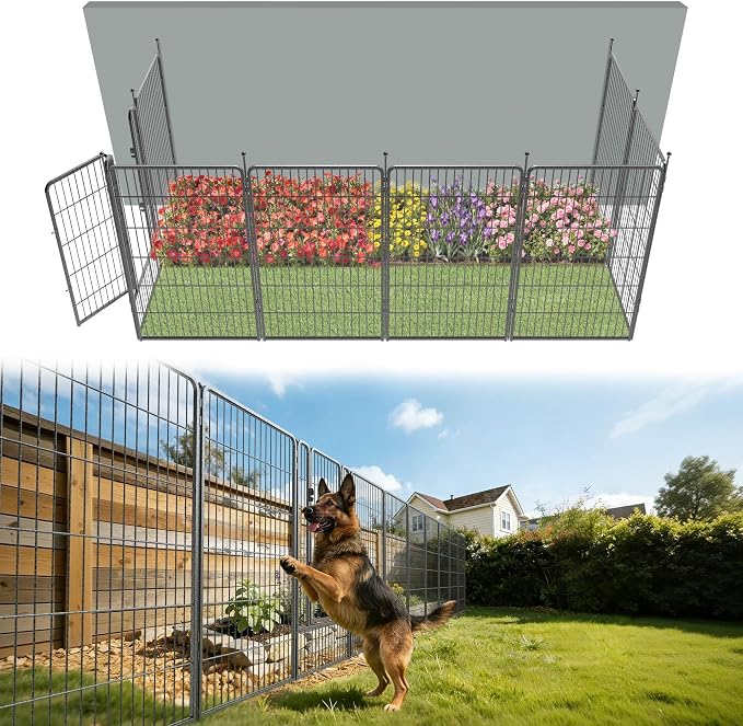 FXW Garden Fence Outdoor for the Yard – 45in(H) x 18.2ft(L) Heavy Duty Metal Animal Barrier for Dog, No Dig Decorative Dog Fence, 8 Panels, Silver