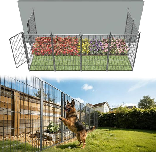 FXW Garden Fence Outdoor for the Yard – 45in(H) x 18.2ft(L) Heavy Duty Metal Animal Barrier for Dog, No Dig Decorative Dog Fence, 8 Panels, Silver