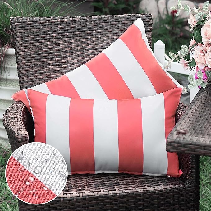 Western Home Pack of 2 Decorative Outdoor Solid Waterproof Striped Throw Pillow Covers Polyester Linen Garden Farmhouse Cushion Cases for Patio Tent Balcony Couch Sofa 12x20 inch Pink