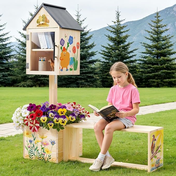 Wooden Little Library Box Outdoor with Bench & Planter Community Book Exchange Box Solid Pine Wood DIY Neighborhood Share Box Ground Mount Kit for Garden Decor, School