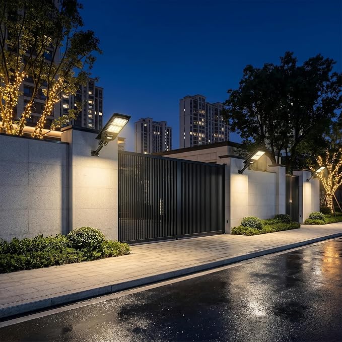 LANGY 3000k Warm White Solar Street Lights Outdoor,Commercial Parking Lot Lights Yellow 180 LEDs Chips Light with Motion Sensor & Dusk to Dawn IP67 with Remote Control for Barn, Yard, Pathway
