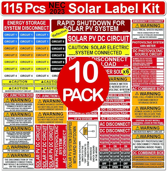 10 Packs of Ultimate 115 Pack 2017/2020/2023 NEC Code Compliant Photovoltaic Solar System Label Kit Electrical Panel Safety Stickers Outdoor Rated Laminated