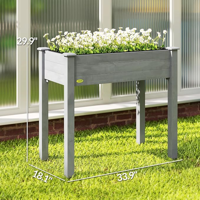 Outsunny Raised Garden Bed with Legs, 34" x 18" x 30", Elevated Wooden Planter Box, Self-Draining with Bed Liner for Vegetables, Herbs, and Flowers Backyard, Patio, Balcony Use, Dark Gray