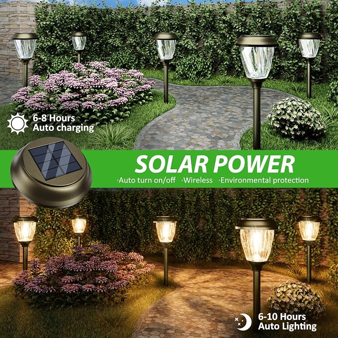 XMCOSY+ Solar Pathway Lights Outdoor, Glass & Metal Garden Lights with 2 Lighting Modes (10/25 LM), IP65 Waterproof, Warm White Decorative for Yard Walkway Driveway Patio & Path