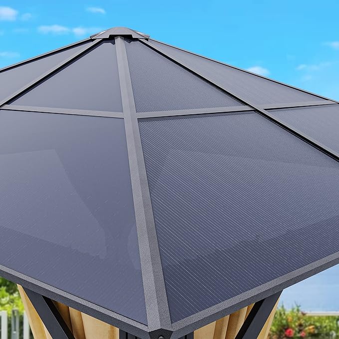 DWVO 10x10ft Gazebo Polycarbonate Hardtop Outdoor Canopy with Netting and Shaded Curtains, Single Roof Garden Tent for Patio, Backyard, Deck and Lawns, Brown