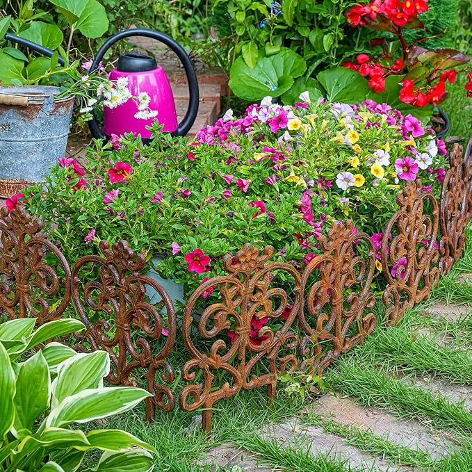 Sungmor Decorative Cast Iron Garden Edging, 4 Pack Full Rusted Victorian Garden Edging Landscape Border, Vintage Metal Yard Stake Low Picket Fence, 11.8" Tall Outdoor Flower Bed Lawn Fence Panels