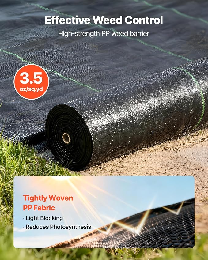 VEVOR 13x115FT 3.5oz Weed Barrier Fabric Heavy Duty, Landscape Fabric, Woven Weed Blocker Fabric, Garden Weed Fabric, Weed Control Fabric Ground Cover, Landscaping Cloth, Weed Mat, Black