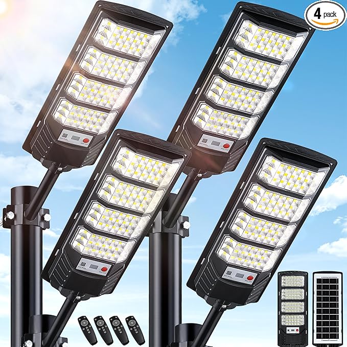 Yusist 4 Pack Solar Street Lights Outdoor Waterproof, 6500K LED Motion Sensor Lights, Dusk to Dawn Solar Flood Lights with Remote,Parking Lot Light,Commercial Area Lighting for Outside
