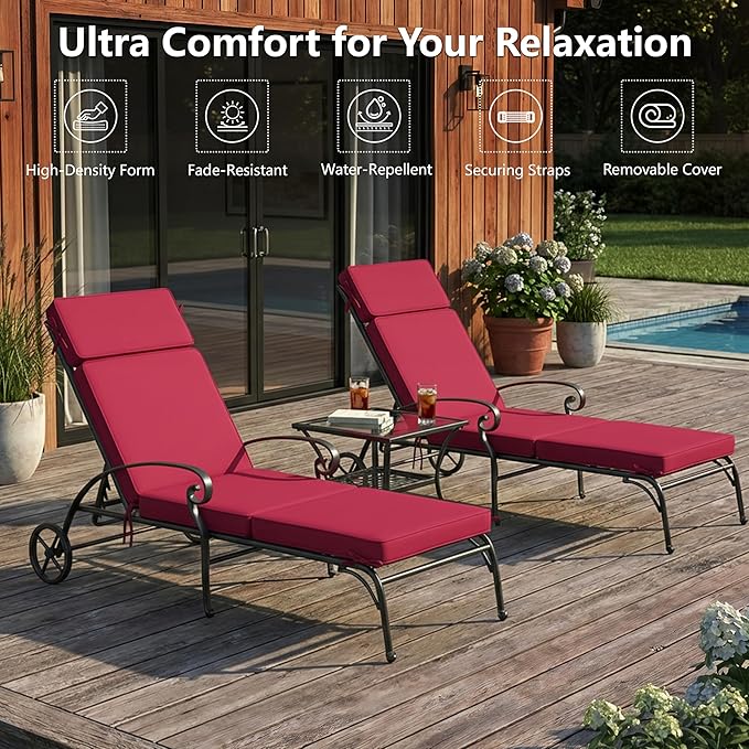 80 x 26 Inch Outdoor Chaise Lounge Cushions Set of 2 - Removable Cover, 4-Section Design, Water-Repellent & Fade-Resistant, 6 Tie Straps, Replacement for Patio & Pool Chairs - Burgundy