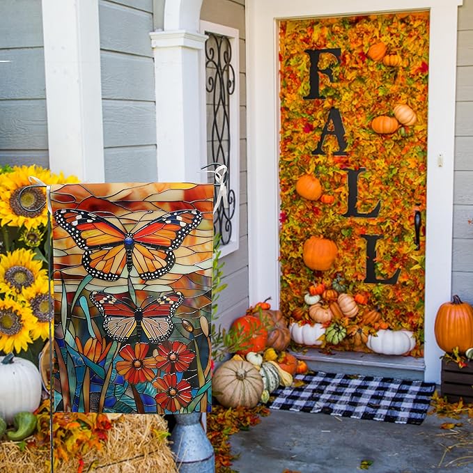 Monarch Butterfly Garden Flags for Outside Fall House Flag 28x40 Double Sided Large Stained Glass Floral Yard Flag Spring Summer Decorative Flags Seasonal Lawn Flags Rustic Outdoor Decor