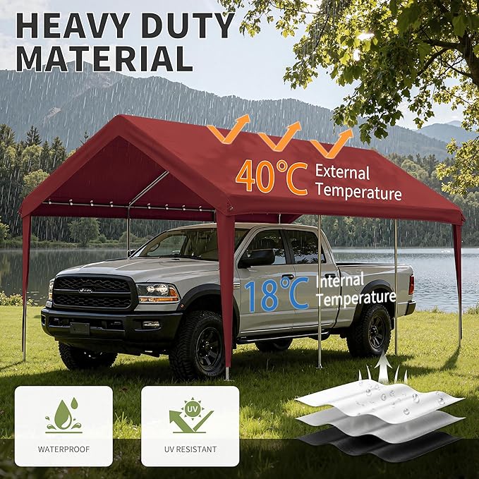 Carport Replacement Canopy Cover 10'x20' for Tent Top Garage Shelter Cover, 800D Heavy Duty Oxford Waterproof & UV Protected Car Canopy Tarp with Ball Bungees (Frame is not Included)