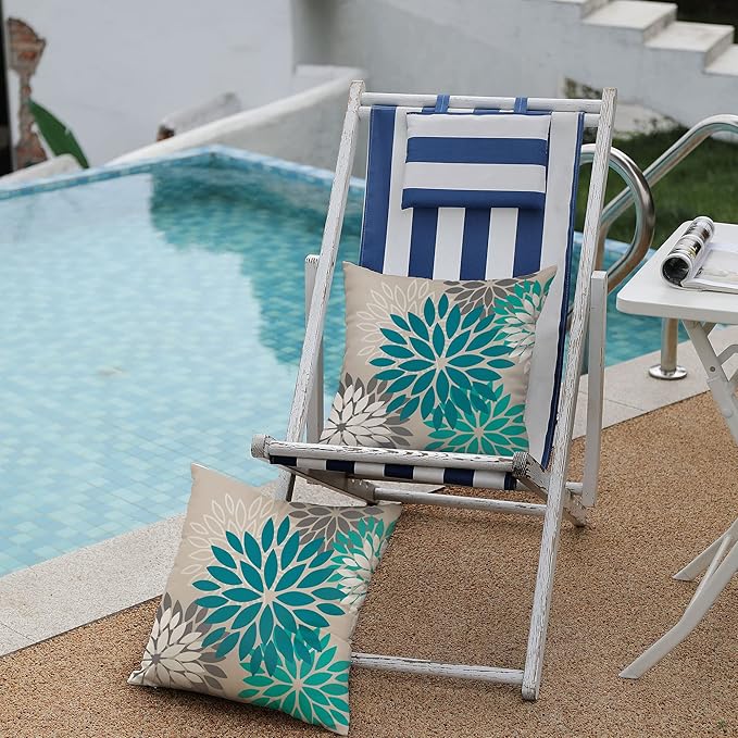 DFXSZ Dark Blue Green Outdoor Pillow Covers 16X16 Inch Set of 2 Spring Teal Flower Pillow Case Outdoor Waterproof Decor for Patio Funiture Garden Polyester pillowcovers 002D16