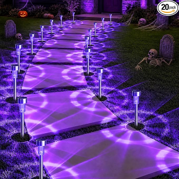 GIGALUMI Purple Solar Pathway Lights, 20-Pack Outdoor Halloween Decor | Waterproof LED stainless stakes for yard, garden & driveway. Purple glow sets spooky mood. Durable & easy install.