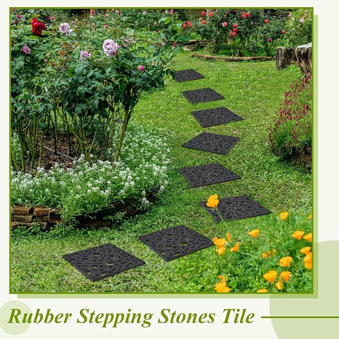 Pangda 8 Pack Rubber Stepping Stones Outdoor 15x15 Inch Garden Path Tiles Non Slip Walkway Pavers Heavy Duty Decorative Mats for Outside Patio Lawn Pathway Gravel Dirt Grass Yard (Black)