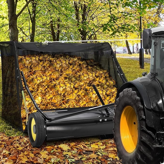 Garvee 44 in Lawn Sweeper Tow Behind with 25 cu.ft. Large Pull Behind Grass Collector, Heavy Duty Leaf Collector with Dumping Rope Design, Adjustable Sweeping Height for Picking Up Debris